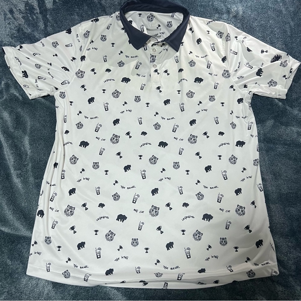 Swannies Quinlan Golf Polo Mens XL White/Blue Tiger, Bear, Trophy Print